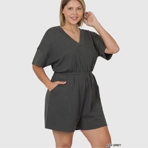 Ash Grey Plus Size Drop Shoulder V-Neck Romper with Pockets